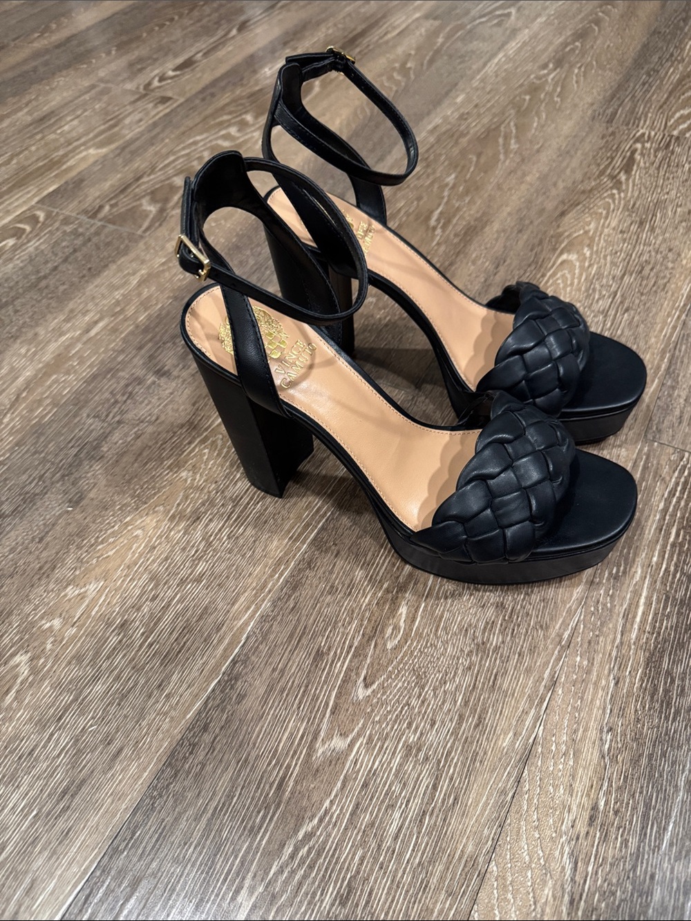 Vince Camuto Mirinda Black Braided Platform Ankle-Strap Heels
